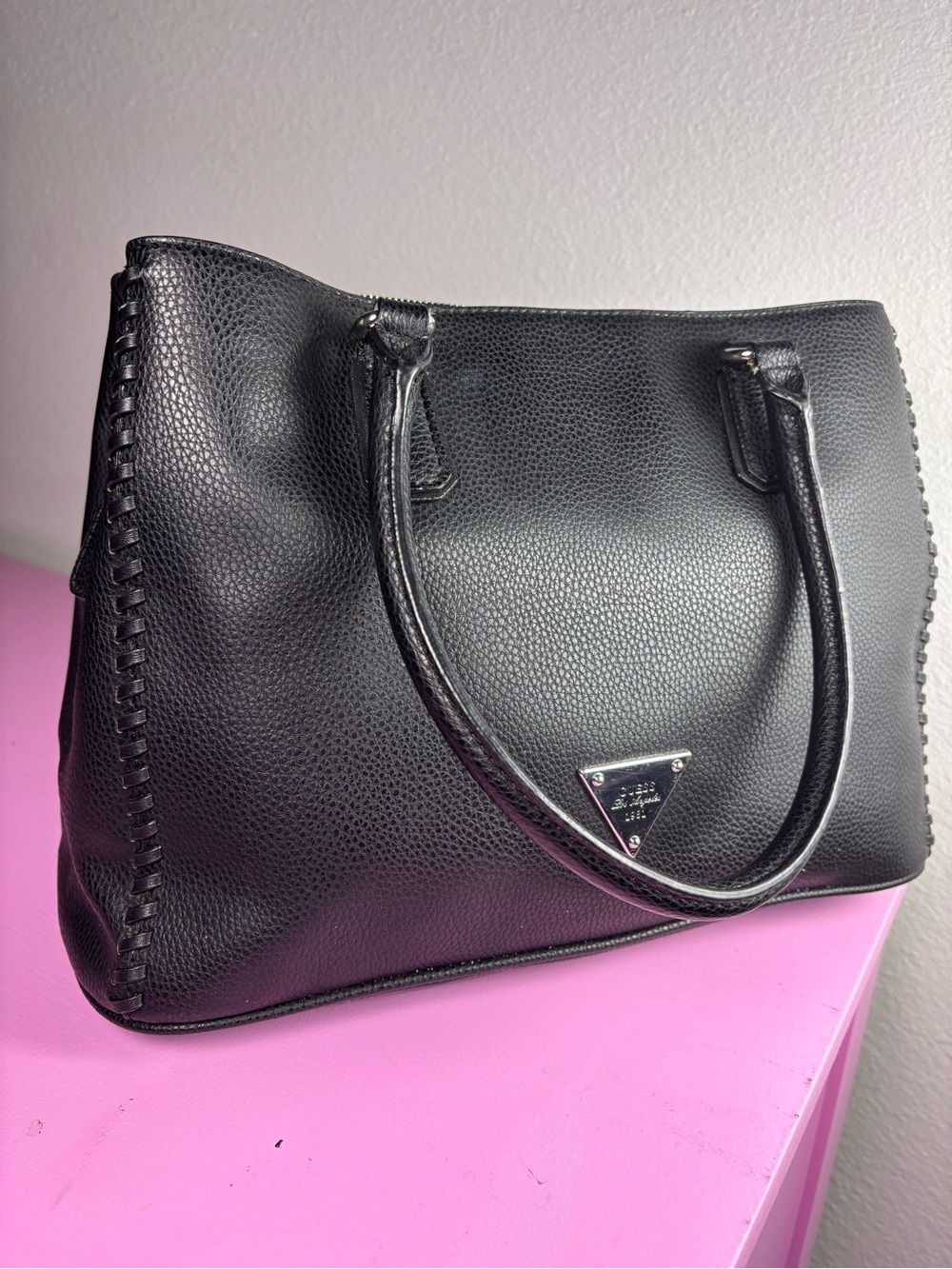 GUESS Black Pebbled Leather Tote with Silver Hardware - Picture 3 of 14